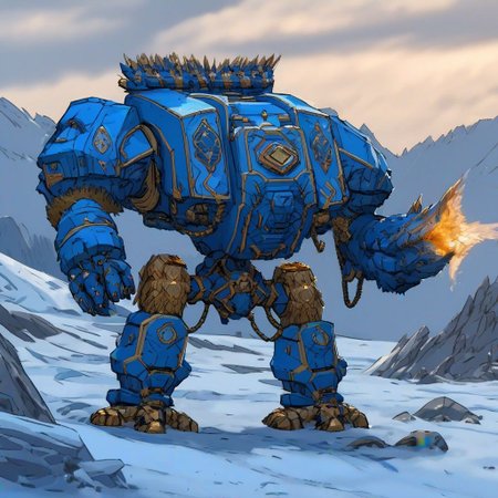 a four meter tall blue with gold trim non-binary themed drdnght machine with heavy gun and rocket pod walks through icy tundra searching for enemies who hide behind frozen trees and boulders waiting in ambush, fire and flames spit from its flamethrower,