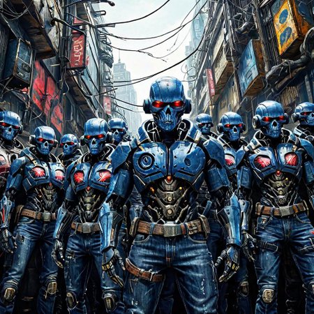 cyberpunk gigagachad dystopia featuring an army of cybernetically enhanced gigachads with bionic enhancements wearing blue jeans,masterpiecem,epic,cinematic film still
