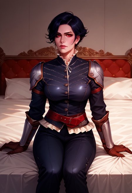 score_9, score_8_up, score_7_up, source_western,  sylvia anna, syanna, sitted at palace couch, silver shoulder armor, silver gauntlet, black suit with golden buttons, massive large breasts,  ((black short hair)), parted hair style, combed hair, (strong Jawline),  closed mouth, pale wide lips, vampire, beautymark, multiple belts, gloves, bracer,  sitting, looking at viewer, frills, red eyes. Comics art style, Castlevania art style, realistic.