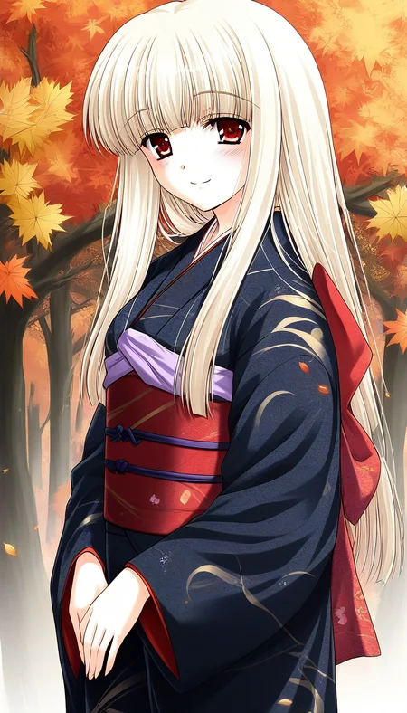 score_9, score_8_up, score_7_up, source_anime, rating_explicit, BREAK   <lora:Rindou_Ver2.0_XL:1> Rindou, solo, red eyes, long hair, white hair, blonde hair, albino,
japanese clothes,  sash, black kimono, obi,
autumn,  long sleeves, tree, blush, black kimono,
light_smile,
looking at viewer, 
cowboy_Shot,
