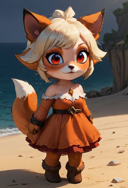 furry fox girl, ((brown fox)), (chibi), 
bad fox, with red big eyes,  beach,
(orange) dress, portrait, long blonde hair,
Hyperrealistic art high-quality portrait flat matte drawing of a cute Nendoroid and cartoon style, anime flat style, thick drawing, medium close-up", (solo:1.2), photorealistic:1.5, 8k, texture skin, realistic skin, detailed skin, highest detailed, extreme detailed, 8k wallpaper, colorful, (dark magic), ring with the stone, (intricate details), (hyperdetailed), 8k hdr, high detailed, lot of details, high quality, soft cinematic light, atmospheric perspective (focus on), color Ink wash painting, Extremely high-resolution details, photographic, realism pushed to extreme, fine texture, incredibly lifelike,