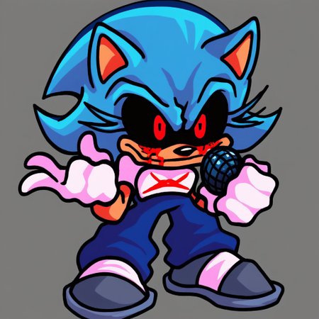 1girl, solo, score_9, score_8_up, score_7_up, score_6_up, volumetric lighting, NEGATIVE_HANDS, fnf, LordX_EXE, red eyes, gloves, 1boy, animal ears, blue hair, shoes, socks, white gloves, blood, spiked hair, furry, blood on face, furry male, body fur, animal nose, blood from eyes, sonic the hedgehog, black sclera, colored sclera, dark features, grey shoes, ((hold microphone)), grey background, ((full body)), white long socks, white shoes, ((solo))