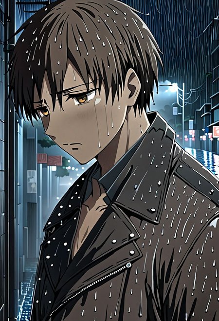 high resolution, solo, best quality, 1Boy, Takaki Toono, Brownish Hair, Brown Eyes, heavy rain, night, looking down, sad, leather jacket, looking away, wet, wet hair, OverallDetail