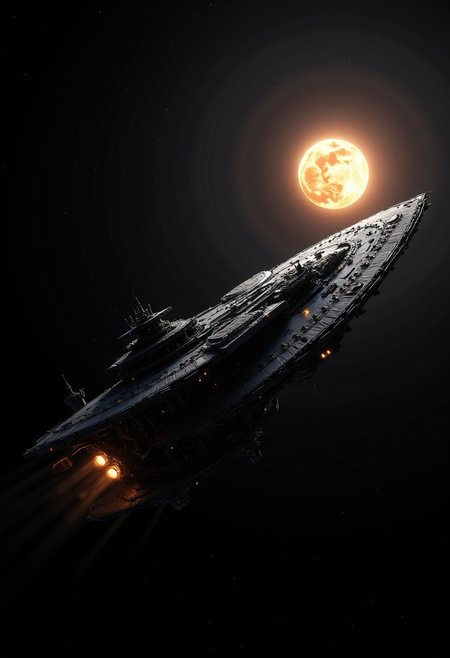 dark background, best quality, masterpiece, large capital spaceship viewed from the side, a supermassive dull sun in the background, cinematic, dynamic photorealistic image, High Definition HD, High Detail, Perfect Composition