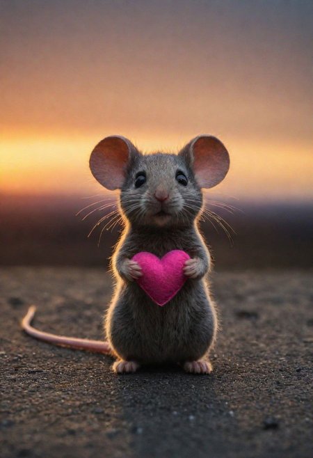 a small, simple, cuddly felt mouse holding a felt heart in its tiny hands, gazing directly into the camera with a joyful smile. The scene is so sweet that it melts even the toughest hearts. Describe the loving atmosphere created by the combination of felt, smiles, and hearts diring a beautiful sunrise