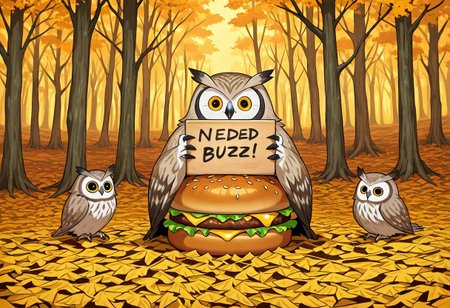 need_buzz, holding sign, ((sign with message "NEED BUZZ")) good quality, clear image, owl, small owl, owl owl, owl sitting on a big tasty burger made of metal. In the background is a dense autumn forest, metal trees, many metal trees, made entirely of metal.