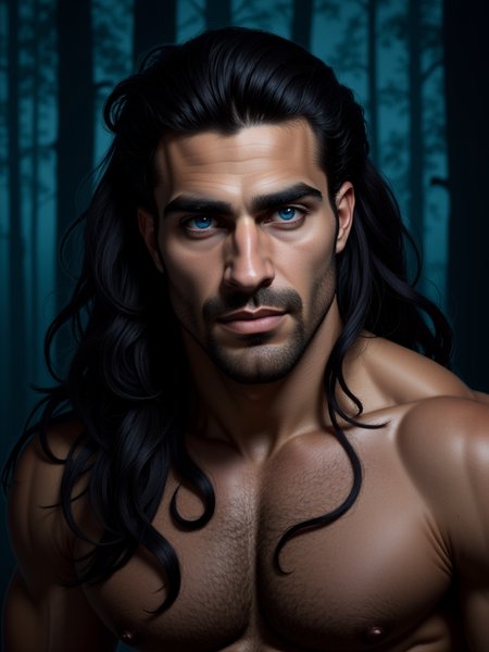 Orhun has blue eyes. He has long black hair, He is an attractive man and is muscular.close up, body hair, fade, dramatic, best quality, color scheme blue, forest