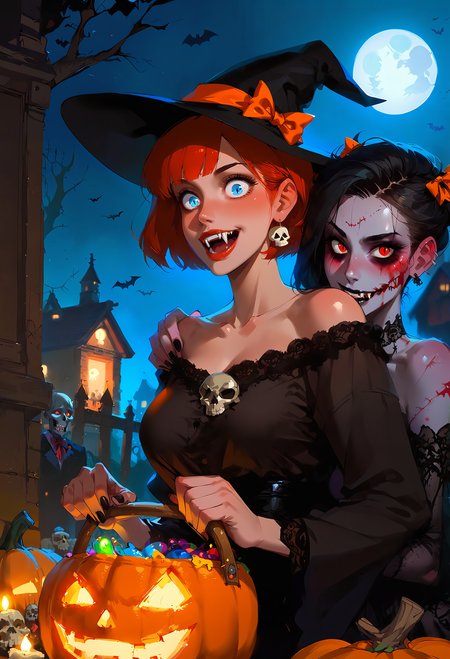 score_9, score_8_up, score_7_up, source_anime, rating_questionable,BREAK,2girls, halloween, halloween vibe, halloween costume,  vampire, red hair, fangs, blue eyes, (surprised:1.3), zombie, black hair, red eyes, biting another's shoulder, grabbing from behind, party vibe, pumpkin,  black nails, perfect features, full moon, aesthetically pleasing, pale skin, gothic, halloween bucket, grabbing shoulder, large breasts, skull decoration,, witch hat with orange bow and ribbon,bat \(animal\), skeleton in tuxedo in background,
detailed,
<lora:Pony_DetailV2.0:2.0> <lora:ALTXL_pony_0061_8:0.8>,  <lora:hand 4:0.8> Hand ,  <lora:Expressive_H:0.55> Expressiveh,  <lora:incase-ilff-v3-4:0.45>     <lora:OtherStyle_03:0.4>   , <lora:d3p1x3lXLP:0.4> d3p1x3l ,  <lora:MythP0rtr4itStyle:0.7> mythp0rt,