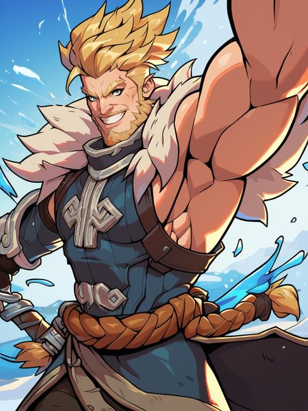 score_9, score_8_up, score_7_up, warrior, muscular male, winter clothes, big beard, cool, from side, epic pose, muscular, evil smile, splash art, blonde hair, viking, pants, looking at viewer, cowboy shot, dynamic pose, smile, cute, wide shot, solo, dutch angle, 
 <lora:2XKO_style:1>, 2XKO, wide shot,