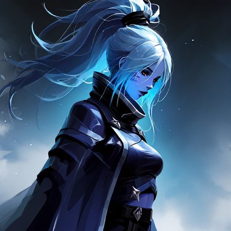 <lora:Drow Ranger Arcana Illustrious:1> 1girl, DrowRanger, blue skin,  <lora:nhl-001-20:1> nhl-001, limited palette, realistic