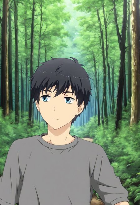 high resolution, solo, best quality, 1Boy, Arata Kaizaki, Black Hair, Blue Eyes, forest, camping, OverallDetail