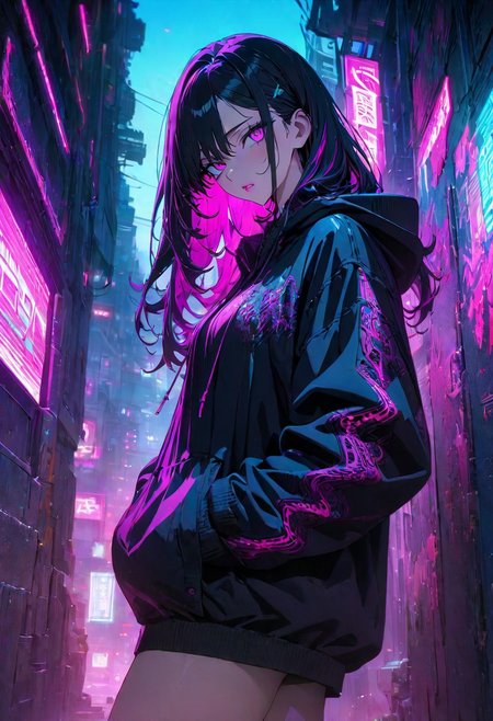 gorgeous lips, (masterpiece), (best quality), (ultra-detailed), very aesthetic, illustration, perfect composition, intricate details, absurdres, detailed face, (anime, masterpiece, intricate:1.3), (best quality, hires textures, high detail:1.2), (4k),(incredibly detailed:1.4) 
 long hair, (two tone hair, cyan:magenta:1.0), legs, hoodie, hands in pocket, neon light, cyberpunk, leaning against wall, looking away from viewer, side shot, beautiful detailed landscape, ,newest, intricate details,perfect anatomy, cyan theme, magenta theme, Japanese pop art style