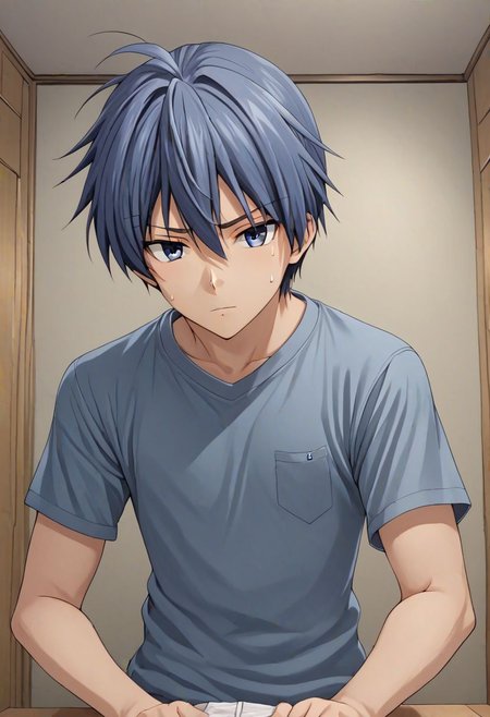 high resolution, solo, best quality, 1Boy, Tomoya Okazaki, Grey Blue Hair, kabedon POV, T-Shirt, OverallDetail