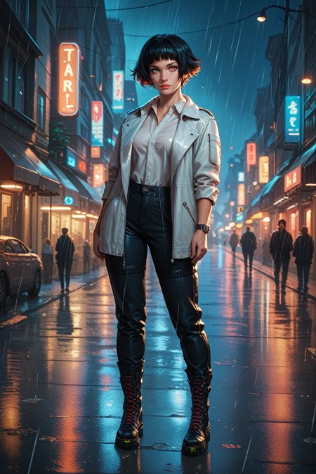 score_9, score_8_up, score_7_up, score_6_up
<lora:DMC5Lady:1.0>
DMC5Lady, 1girl, black hair, short hair, heterochromia, green eyes, red eyes, looking at viewer, standing in the rain on a neon-lit city street at night, full body