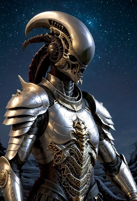 An insanely Detailed Divine Xenomorph, elfish, Golden and silver in color, cyberpunk, a crimson tinge to the golden color, Hyperdetailed, Omnipresent, Beautiful, Sinister overtones, otherworldly,((masterpiece, best quality)), fantasy, solo, 1 alien knight, silver armor chestplate with silver medieval ornaments and runes, galactic night sky background, perfect composition, sidelighting, outdoor,Ornamental armor