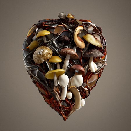 heartart,realistic wood heart  made out of  thorns, (mushrooms:1.5),  photohelper, render, cgi, 3d, extremely detailed,colored backdrop