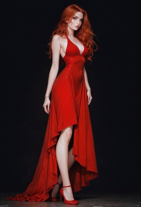 score_9, score_8_up, score_7_up, score_6_up,  Majestrix, 1girl, gorgeous girl, cute girl , kawai girl , cute face , long red hair, ginger, bright silk red dress, halterneck, sleeveless, reij-rosie, huge tits, ((full pouty lips)), rogue girl , sexy , posing , face focus, sexy full body picture, ((dynamic pose)) 
expressiveH, low angle,
Black background