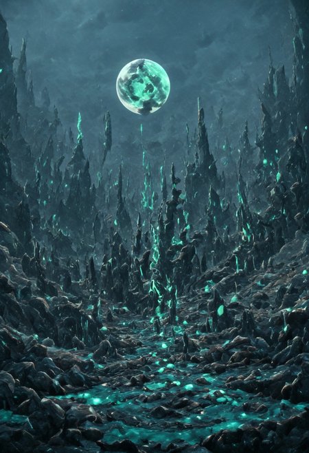 A beautiful landscape at night on an alien world, dramatic lighting, large moon in the sky, jade rocks, waterfalls, deep crevices, uhd, ultra-detailed, photography, f/8 photo, monoprone, nmskyrim