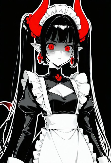 (black background, blunt bangs, monochrome, outline, shaded face, dangle earrings, greyscale, skindentation, small breasts, standing), 1girl, apron, black dress, black hair, blush, breasts, cleavage, cleavage cutout, closed mouth, clothing cutout, cowboy shot, demon girl, (curwed horns), demon tail, dress, forehead, frilled apron, frills, hair ornament, (red flower hair ornament), horns, juliet sleeves, long hair, long sleeves, (close up), looking at viewer, maid, maid apron, maid headdress, pointy ears, puffy sleeves, (red eyes, red horns), skindentation, solo, twintails, very long hair