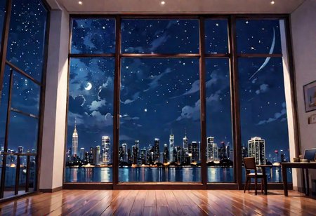 ((((front view)))), Shallow scene, ((animation style)), (((City high-rise building scenery))), ((((City scenery outside the window)))), ((sense of mystery)), (night), starry sky, moonlight, (weak light), (Facing the window), (open window), modern-style interior, Wooden floor, with white walls, (large windows), a living room, sofa and coffee table by the window sill,  (((Sofa placed horizontally))), (Behind the sofa is the window sill),