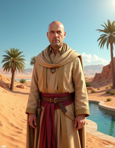 Ha_nk_Break_Bad_2025 - Desert Nomad Oasis
This is a highly detailed CGI rendering of a man's three-quarter view, set against the serene backdrop of a desert oasis under a blazing sun. The subject is a middle-aged, bald man with a pale, weathered complexion, a prominent nose, and a stern, contemplative expression.
He is dressed in loose, sand-colored robes with intricate gold embroidery along the edges. A deep crimson sash is tied around his waist, and a lightweight, hooded cloak shields him from the sun. His hands are adorned with simple bronze rings, and a curved dagger rests at his hip. The background features palm trees, a shimmering pool of water, and distant sand dunes under a vivid blue sky. <lora:Ha_nk_Break_Bad_2025:1.0> <lora:AntiBlur:1.0>