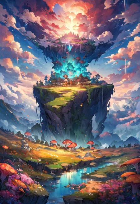 oil matte art, best quality, calm relaxing scenery, beautiful anime landscape, mushroom forest, beautiful digital art, aqua glow, autumn, great reflections, wet, panoramic view, rain, wet, huge wall, on the mountain cliff, detailed rocky cliffs, detailed clouds, reversed fisheye lense, flower field, crystal clear, dark clouds in the background, bokeh, OverallDetail, depth of field, detailed art, expressionism,
extremely detailed, UHD,
