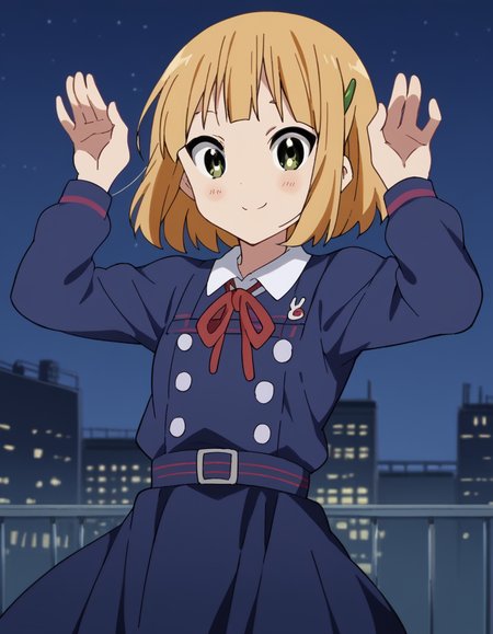 score_9, score_8_up, score_7_up, source_anime, <lora:midori-tokiwa-s1-ponyxl-lora-nochekaiser:1>, midori tokiwa, short hair, blonde hair, hair ornament, green eyes, hairclip,, school uniform, pinafore dress, ribbon, red ribbon, long sleeves, blue dress, buttons, long skirt,, city skyline, rooftop view, night time, city lights, quiet reflection, , <lora:rabbit-pose-ponyxl-lora-nochekaiser:1>, rabbit pose, smile, blush,, looking at viewer, solo,, dutch angle, cowboy shot