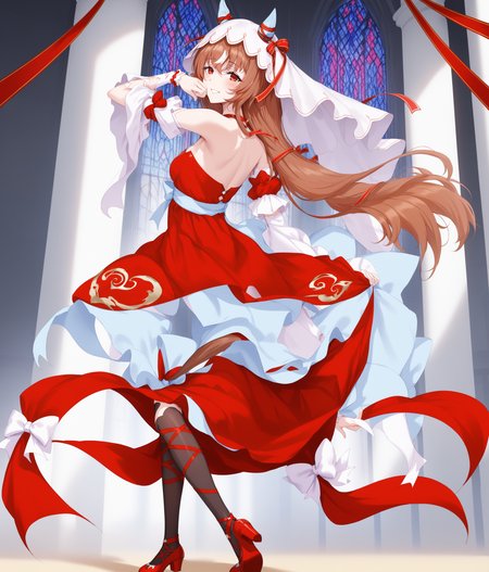 score_9, score_8_up, score_7_up, source_anime, 2D, anime BREAK
masterpiece, highly_detailed, highres, 
church, dark, night, (back, dancing, dynamic pose), 
shobofuku, <lora:StillinLove_v1-ponyXL:0.9>, full body, 
1girl, 17 years old, mature, tall, solo, red eyes, bare shoulders, small breasts, horse ears, horse tail, yandere, yandere trance, 
bangs, eyebrows visible through hair, long brown hair, streaked hair, hair between eyes, hair scrunchie, veil, 
criss-cross halter, red dress, detached sleeves, black thighhighs, ribbon leg wrapping, (red footwear), 
dress bow, ribbon, bow, red bow, jewelry, 
smile, blush,