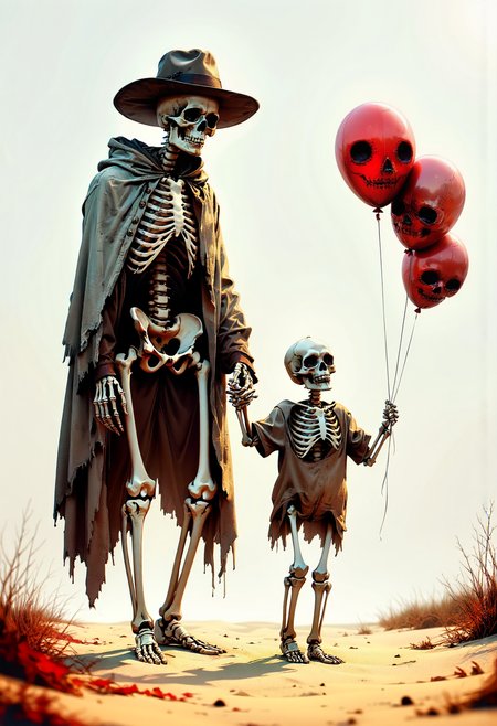 beautiful illustration: A heartwarming and humorous scene of a skeleton father and his small skeleton child walking hand in hand along a sandy beach. The father wears a tattered, grayish-brown cape and a wide-brimmed hat of the same color, his bony fingers gently holding his child's hand. The little skeleton, full of youthful energy, clutches two ‘balloon of death’ in its other hand—a couple of beautiful, small, ominous yet oddly playful balloon shaped like a funny skull. Their skeletal structures are highly detailed, with realistic textures and subtle weathering. Soft, diffused light casts gentle shadows on the sand, creating a warm, nostalgic atmosphere. The beach is a pale beige, yellow, crimson red and orange, with scattered dried foliage adding to the serene yet surreal setting. The composition balances whimsy and tenderness, capturing a father-child bond in a delightfully eerie yet charming way. The image has a dreamlike, slightly melancholic aesthetic with photorealistic textures and a shallow depth of field that blurs the background subtly
