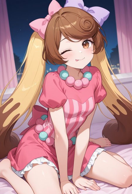1girl,solo,<lora:candylapinil:0.9>,candylapin_(show_by_rock!!),brown eyes,brown hair,blonde hair,multicolored hair,twintails,long hair,hair bow,purple food-themed hair ornament,pink dress,striped,short sleeves,puffy sleeves,beads,beads belt,looking_at_viewer,cowboy_shot,dynamic_angle,smile,sitting,wink,bedroom,wariza,barefoot,leaning_forward,:p,night,masterpiece,best quality,good quality,newest,incredibly absurdres,