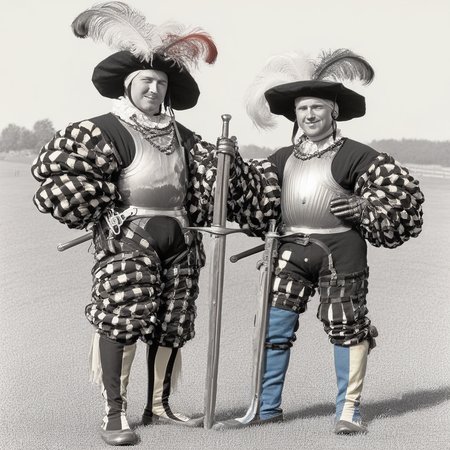 2boys, multiple boys, armor, antique firearm, pike, sword, holding, sheath, feather, hat