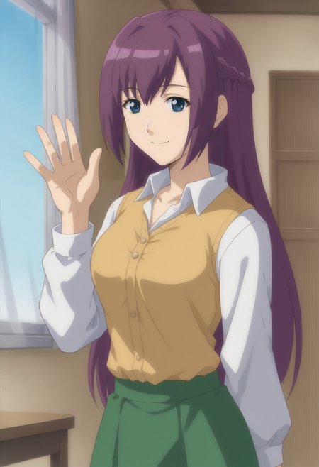<lora:Asuha_Hare_Nanaka-Girls_Bravo:0.75>,1girl,solo,Asuha Hare Nanaka,purple hair,long hair,braid,blue eyes,anime coloring,shirt,skirt,waving, looking at viewer, smile,indoors