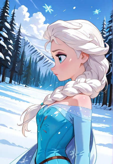 masterpiece, best quality, amazing quality, very aesthetic, absurdres,  newest, detailed background, upper body, forest, snow, sky, clouds, wind, dynamic angle, snowflakes
elsadisney, 1girl, dress, long hair, white hair, single braid, bare shoulders, hair over shoulder, profile, off-shoulder dress, blue dress, cape, from side
 <lora:Elsa_-_Disney_Illustrious-000006:1>