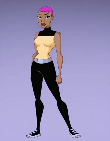 <lora:MaxGibsonIllustrious1.0JLFO:1> maxgibson, short hair, 1girl, pink hair, solo, dark skin, dark-skinned female, black eyes, sleeveless, makeup, lipstick, breasts,, belt, black pants,,sneakers, full body, looking at viewer,, masterpiece, best quality, amazing quality, very aesthetic, absurdres