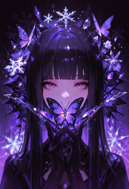 (Theme: Draconic Crystals). masterpiece, newest,absurdres,incredibly absurdres,1girl, solo, bug, butterfly, bangs, black hair, looking at viewer, long hair, blunt bangs, covered mouth, purple eyes, purple theme, eyelashes, flower, pink eyes, snowflakes, 
dark_theme,abstract background, 
depth of field,white sphere on the background