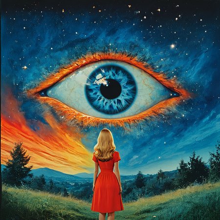 <lora:60s_Psychedelic_MovieSDXL:1> ArsMovieStill, movie still from a 60s psychedelic movie, The image is a digital art piece that appears to be a surreal representation of an eye. The eye is in the center of the image with a blue iris and a black pupil. The iris is surrounded by a fiery orange and yellow glow representing the colors of the sky. The background is a deep blue with stars and planets scattered throughout.In the foreground there is a young girl standing on a hill with her back to the viewer looking up at the sky with a dreamy expression on her face. She is wearing a red dress and has long blonde hair. The hill is covered in greenery and there are trees and bushes on either side of the hill. The sky is filled with stars creating a beautiful and serene atmosphere. The overall color palette is vibrant and dreamlike with shades of blue orange and yellow., 1girl, sky, outdoors, long hair, solo, star (sky), scenery, standing, tree, grass