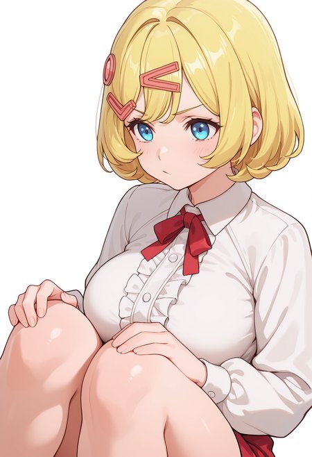 Smooth Quality,masterpiece,very intricate, high quality details, ultra realistic, high detailed skin,detailed enviorement,absurdres,
beckoning,solo,
 <lora:Esyne_CNR:0.8> esyne_cnr, blue eyes, blonde hair, short hair,large breasts, hair ornament, hairclip,, simple background, white background, dutch angle,
sitting, legs spread, hands on knees, serious face, upright posture,  ,, :/,