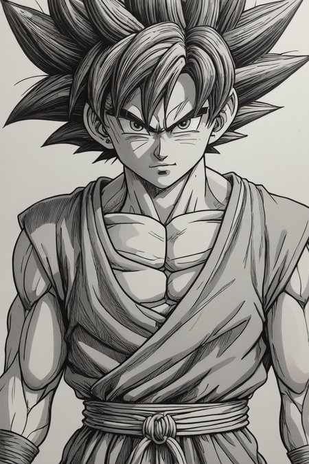 son Goku manga drawing,in great detail,monochrome