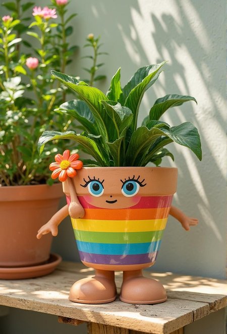 <lora:Dark_Fantasy_Anime-000021.safetensors:1> confidently exudes summery joy and individuality, bold, rainbow-colored shines against a picturesque backdrop of well-manicured backdrop, flowering, soft, natural light. The photographer's use of color and composition creates an atmosphere of relaxed elegance and self-expression.
A playful, anthropomorphic flower pot with bold, rainbow-striped stripes and cartoonish features, such as blue eyes, eyebrows, and a smiling mouth. A small flower adorns one side, while lush, deep green leaves emerge from the pot. The entire scene is set against a subtle, textured background that showcases the artist's creativity. The pot sits on a rustic wooden surface with a natural grain pattern, adding warmth to the whimsical atmosphere.