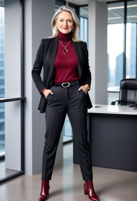 Ellie, alone, 50-year-old woman, slightly-side-parting voluminous tucked-behind-shoulders straight long haircut, fair-skinned, grey-blonde hair, blue eyes, wearing red turtleneck top under black blazer, black smart pants, garnet rhombus pendant necklace, garnet rhombus drop earrings, red leather high-heeled ankle boots, large breasts, slim body, smiling facial expression, standing slightly-side-on, both hands grabbing belt buckle, legs apart, facing camera, in futuristic office, full body photo, hyperdetailed photography
