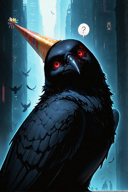 no humans, crow, animal focus, general, 

party hat, head tilt, 

looking at viewer, red eyes, glowing,

feathers, feathered wings, 

from side, solo focus, spoken question mark, 

black theme, 

cyberpunk background, city, town, 

best quality, very awa, highres, newest 