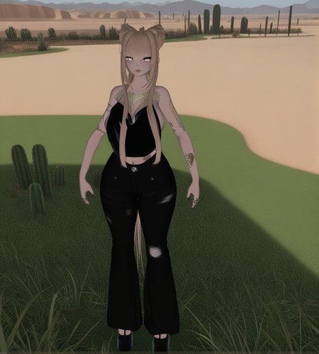 <lora:carmelun-000008:1>,1girl, carmel(ori),animal ears,blonde hair,bangs,long sidelocks,long ponytail,body tattoo,black nails,nail polish,grey eyes,
black high heels,black pants,black camisole,sideless shirt,backless outfit,bare shoulders,ring,
huge breasts, 
meadow, wildflowers, grass, rollinghills,looking at viewer, 
desert, dunes, cactus, heat,
very awa, masterpiece, best quality, highres, absurdes,amazing quality,very aesthetic,intricate details, <lora:hand 5.5:1>
