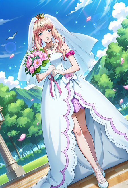 clouds, outdoor, floating petals, trees,
BREAK,
light smile,  looking at viewer,
full body, dynamic angle,
BREAK,
<lora:sherylX_illustriousXL_v01:0.99>
sheryl nome, sherylwedding, blonde hair, gradient hair, blue eyes, necklace, jewelry, floral armband, single earring, crown, bridal veil, 
wedding dress, bare shoulders, sleeveless, see through gloves, gloves, translucent skirt, purple skirt, 
white footwear, white shoes, holding bouquet, source_anime, very aesthetic, anime coloring, masterpiece, 
best quality, amazing quality, ultra detailed, very aesthetic, 
detailed background, 
BREAK,