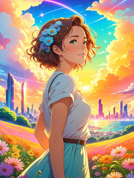 best quality, beautiful woman in the foreground, portrait, detailed face, anime, flowers in hair, carefree, relaxed,  hdr, hd, cel shading, illustration, masterpiece, floating island in the sky, vibrant crystalline city, terraces, studio ghibli, matte painting, art by rhads, trending on artstation, golden hour, cel shading, breathtaking colorful clouds, stars, streaks, makoto shinkai, latex textures, postcard, synthwave colors, foreground wildflowers, supercell
 <lora:holosomnia-xl-alpha:1>