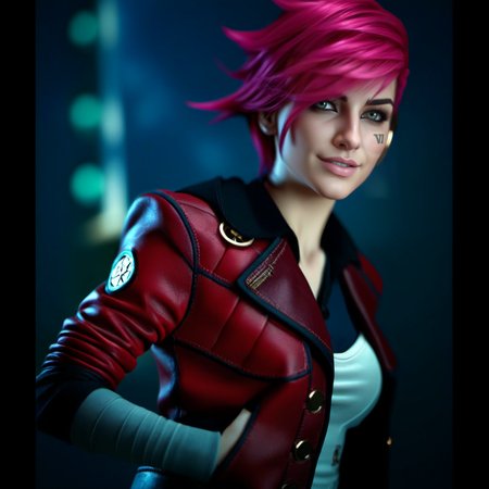 a woman, full body, pink hair, red jacket, hand in jacket pocket steampunk city background, (((text ''VI'')))  <lora:Vi1024-V2:0.8>