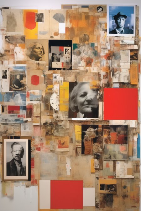 <lora:Robert Rauschenberg Style:1>Robert Rauschenberg Style - A visually stunning collage that exhibits an array of AI-generated artworks, drawing inspiration from the eclectic mix of styles seen in the works of Robert Rauschenberg. The lighting should be bright and evenly distributed, ensuring that each artwork is clearly showcased. The color palette should be vibrant and varied, highlighting the unique characteristics of each individual piece. For composition, use a Canon EOS 5D Mark IV with a 24-105mm f/4 lens, capturing a flat-lay perspective that displays the artworks in an organized yet dynamic arrangement, with each piece interacting and blending seamlessly with its neighbors.