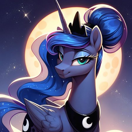 masterpiece, score_9, score_8_up, score_7_up, (best quality:1.1), ultra-detailed, high resolution, beautiful detailed eyes, Long eyelashes, Looking At Viewer, Highly Visible, 8k, Princess Luna, pony, alicorn, g4, both cutie marks, female, feral, sharp focus, beautiful, perfect lighting, beautiful eyes, anatomically correct, anatomically correct face, extremely detailed, (In the starry night sky), shine on body, high detail, proud face, Expressiveh, OverallDetail