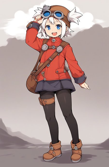 score_9, score_8_up, score_7_up, source_anime, rating_explicit, BREAK  <lora:Pratty_XL:1> Pratty, blue eyes, short hair, goggles, white hair, short twintails, hair through headwear, brown headwear, 
1girl, solo, pantyhose, full body,  open mouth, smile,  tachi-e, black pantyhose, red long sleeves, bag, skirt, short twintails, looking at viewer, standing, blue eyes, thigh strap, :d
standing, cowboy_Shot
outdoor, sky,