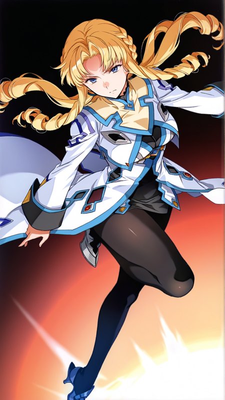 source_anime, general, best quality, masterpiece, 1girl,  <lora:Marguerite_Pistail_ill_v1.0:1> marguerite_pistail\(srw\),blue eyes, blonde hair, long hair,braid,drill hair, ringlets, black pantyhose, drill sidelocks, high heels, long sleeves, coat,jacket, guimpe,dynamic pose, dutch angle, serious,
