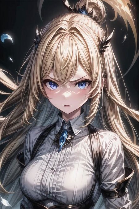 (masterpiece),
Luna,
1girl, blonde, floating hair,
white shirt,
 upper body shot, 
 HDR, highly detailed, 32k,
 black background, anger mood, 
perfect face feature,